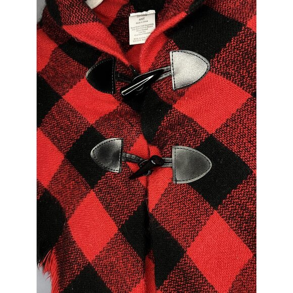 Buffalo Plaid Shawl Poncho Girls 4T Red Black Toggle Cape Christmas Cute Photo - Picture 2 of 9
